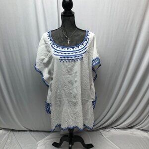 Gianni Bini Tunic Womens Size Large White Blue Embroidered Peasant Top Cover Up